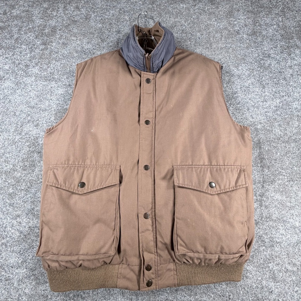 Outdoor Exchange Reversible Down Vest Mens Large Brown Blue Mock Neck Full Zip
